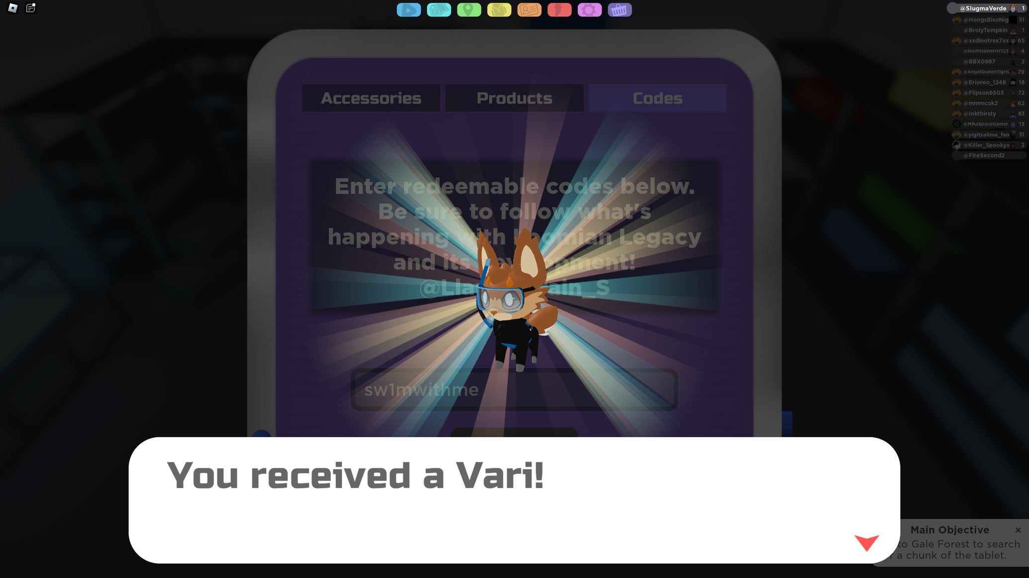 The player receiving a free Vari from a code in Loomian Legacy - 1