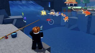 A Roblox character holding a gun pointed at a lake full of fish in the game Loot Fish.