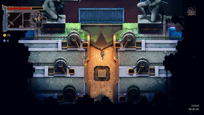 The main character in Loot River pauses at the top of an elevator before heading into the next flooded dungeon level