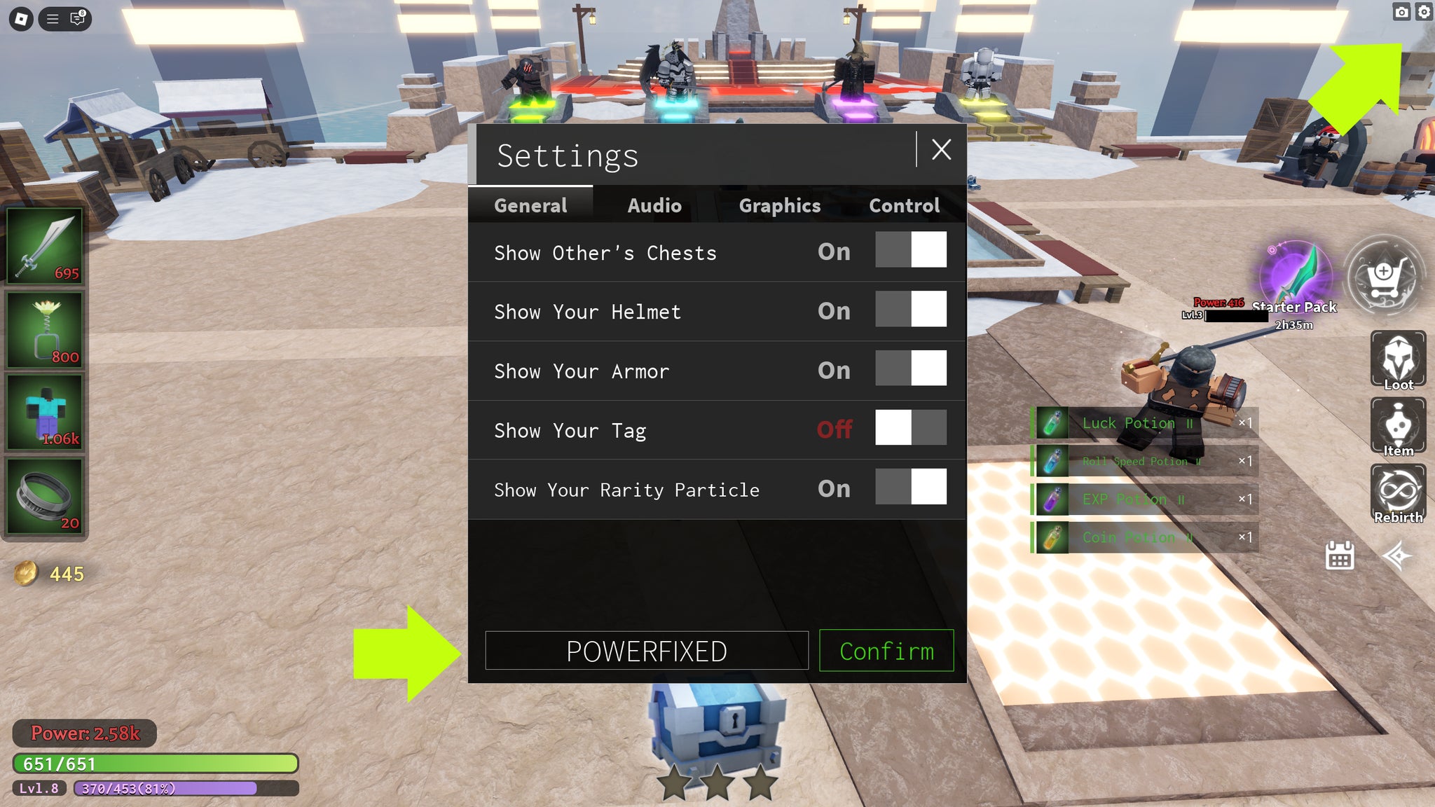 The code redemption screen in the Roblox game, Lootify, with arrows pointing to the menu icon and text input box. - 3