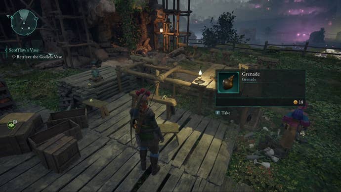 The Envoy prepares to loot a grenade from a random table while exploring the world in Avowed.