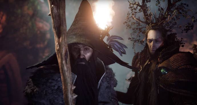 Gandalf and an Elf in very fine hats in The Lord Of The Rings: Gollum.