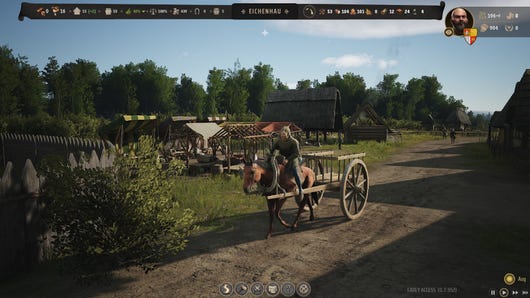 A man rides a horse and cart down a lovely dirt path in Manor Lords.