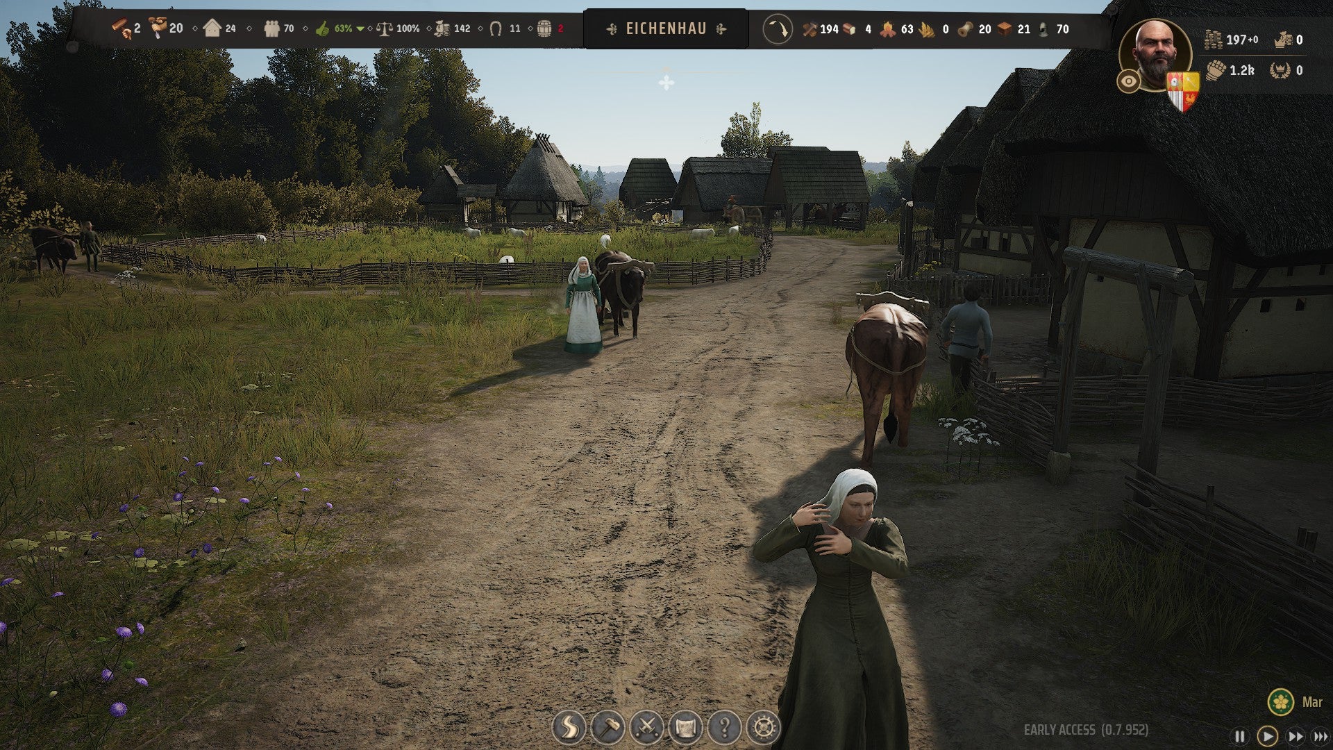 An average street stuffed to the gills with oxen in Manor Lords - 4