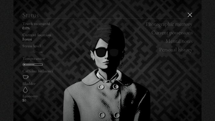 Lorelai and the Laser Eyes screenshot shows a woman wearing a coat and sunglasses staring straight ahead on a greyscale menu screen.