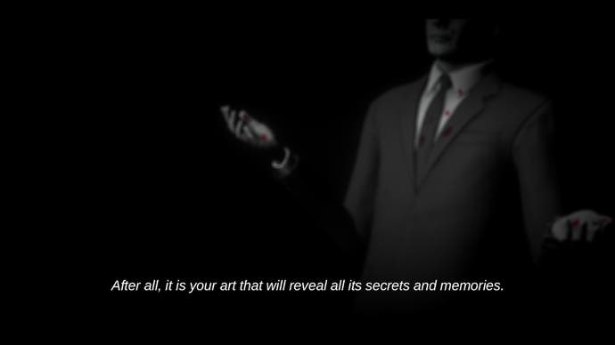 Lorelai and the Laser Eyes screenshot shows a faceless man in a suit saying "After all, it is your art that will reveal all its secrets and memories."