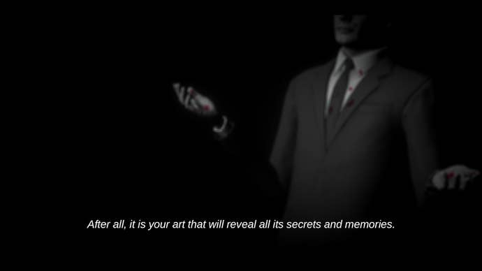 Lorelai and the Laser Eyes screenshot shows a faceless man in a suit saying “After all, it is your art that will reveal all its secrets and memories."