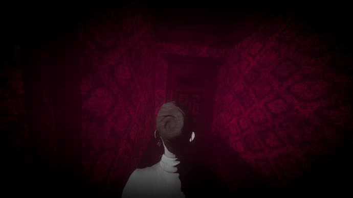 Lorelai and the Laser Eyes screenshot shows the back of a woman's head as she approaches a red door.