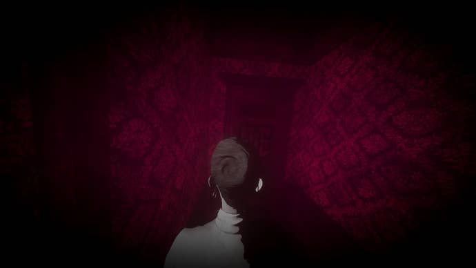 Lorelai and the Laser Eyes screenshot shows the back of a woman’s head as she approaches a red door.