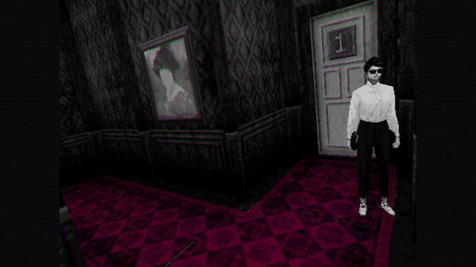 Lorelai and the Laser Eyes screenshot shows a woman in a grainy video game standing on patterned red carpet.