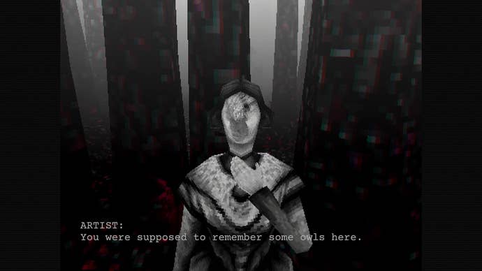 Lorelai and the Laser Eyes screenshot shows a woman in a grainy video game standing in front of pixelated grey trees.