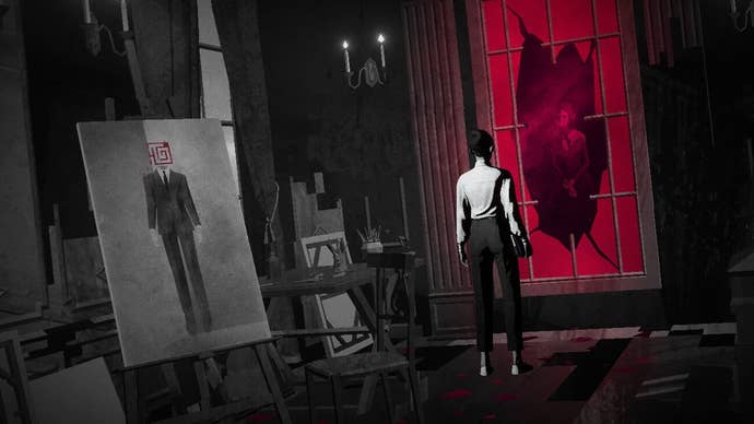 A Lorelei and the Laser Eyes screenshot showing the protagonist in an eerie mansion, staring through a broken window while a haunting figure stares back from the other side.