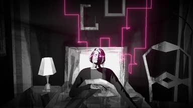 Lorelei and the Laser Eyes official screenshot showing an elderly lady lying in bed in greyscale, with pink lasers coming out of her eyes