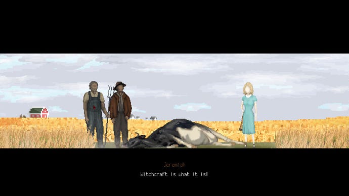 A scene from Loretta showing Loretta standing in a field looking at a dead cow, alongside some farmhands