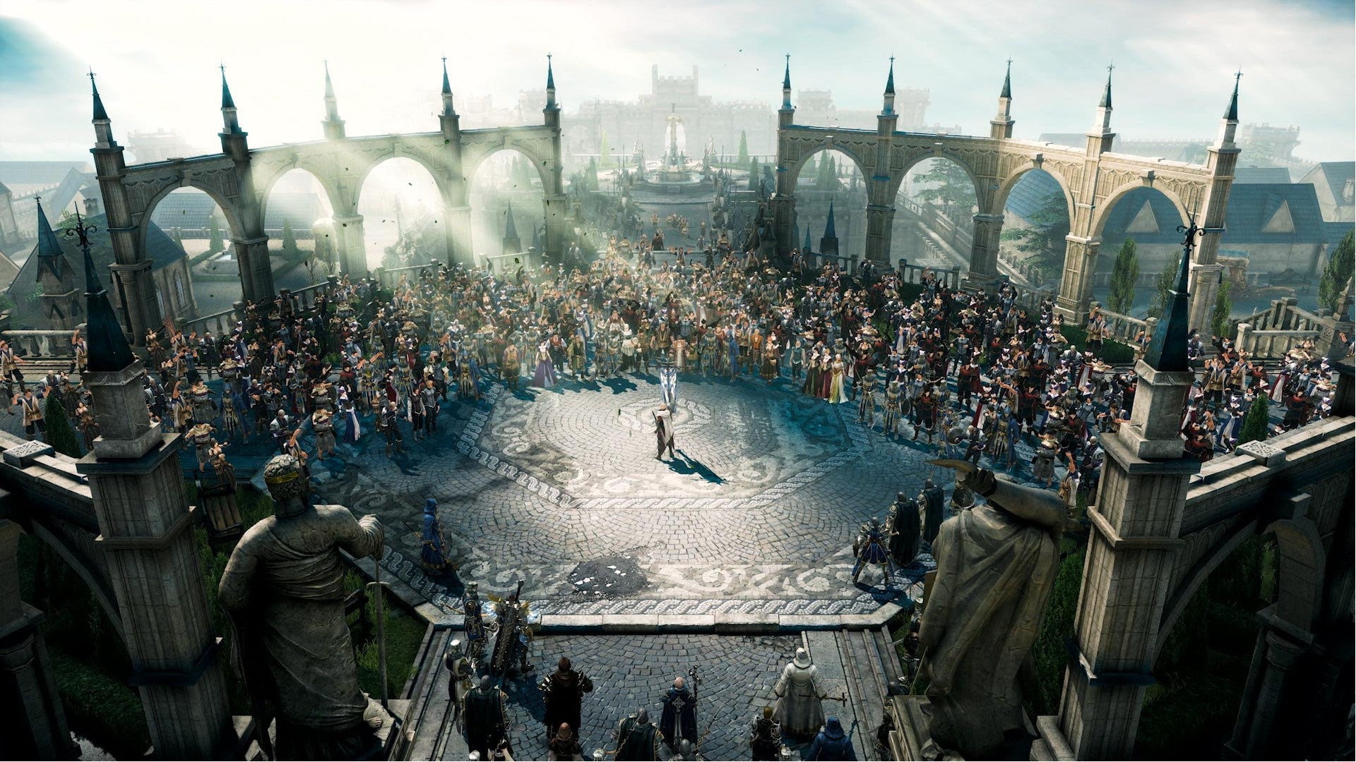 Lost Ark character standing in the middle of a cheering crowd as the sun shines onto a town square.