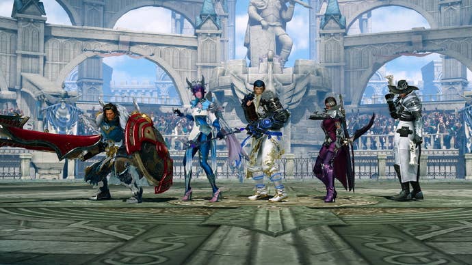 A row of classes from Lost Ark line up inside a Colosseum.