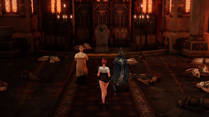 A female gunslinger in hotpants in a very solemn scene in a church in Lost Ark