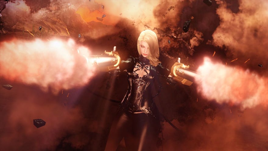 A blonde female gunslinger character in Lost Ark fires to the left and right of the camera, in slow motion, in a still from the gunslinger character animation in Lost Ark