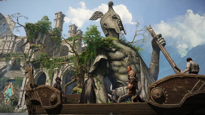 In Lost Ark, an exploring party’s boat floats past a giant half-sunken statue.
