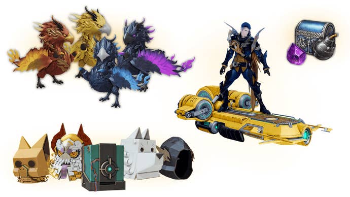 A showcase of items available in the Legends of Lost Ark Twitch Drop series, including paper hats, birdlike pets, treasure chests, and a sci-fi hoverboard.