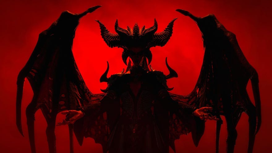 A devilish silhouette from Diablo IV spreads its wings against a red background.