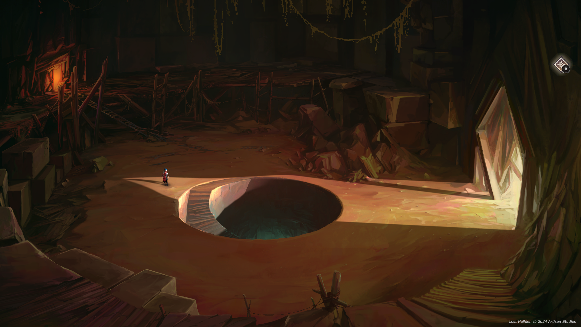 Lost Hellden screenshot of internal structure with orange glow and giant hole in the floor