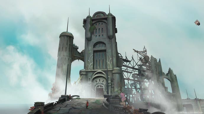 Lost Hellden screenshot of grey stone tower and blue sky