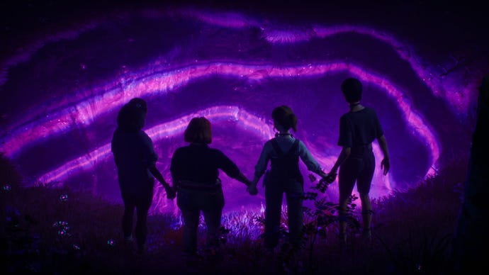 The four friends holding hands, silhouetted from behind against a glowing purple pit.
