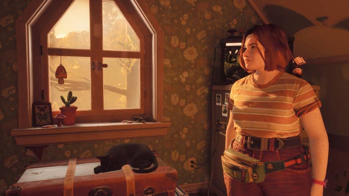 Main character Swann standing in her bedroom next to her black cat in Lost Records: Bloom & Rage.