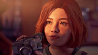 A Lost Records: Bloom & Rage screenshot showing protagonist Swann Holloway bathed in evening light as she raises a video camcorder up to her face.