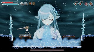 A screenshot of Lost Ruins showing a 2D icy environment, on the left of which is a small schoolgirl and in the centre of which is a giant ice lady.