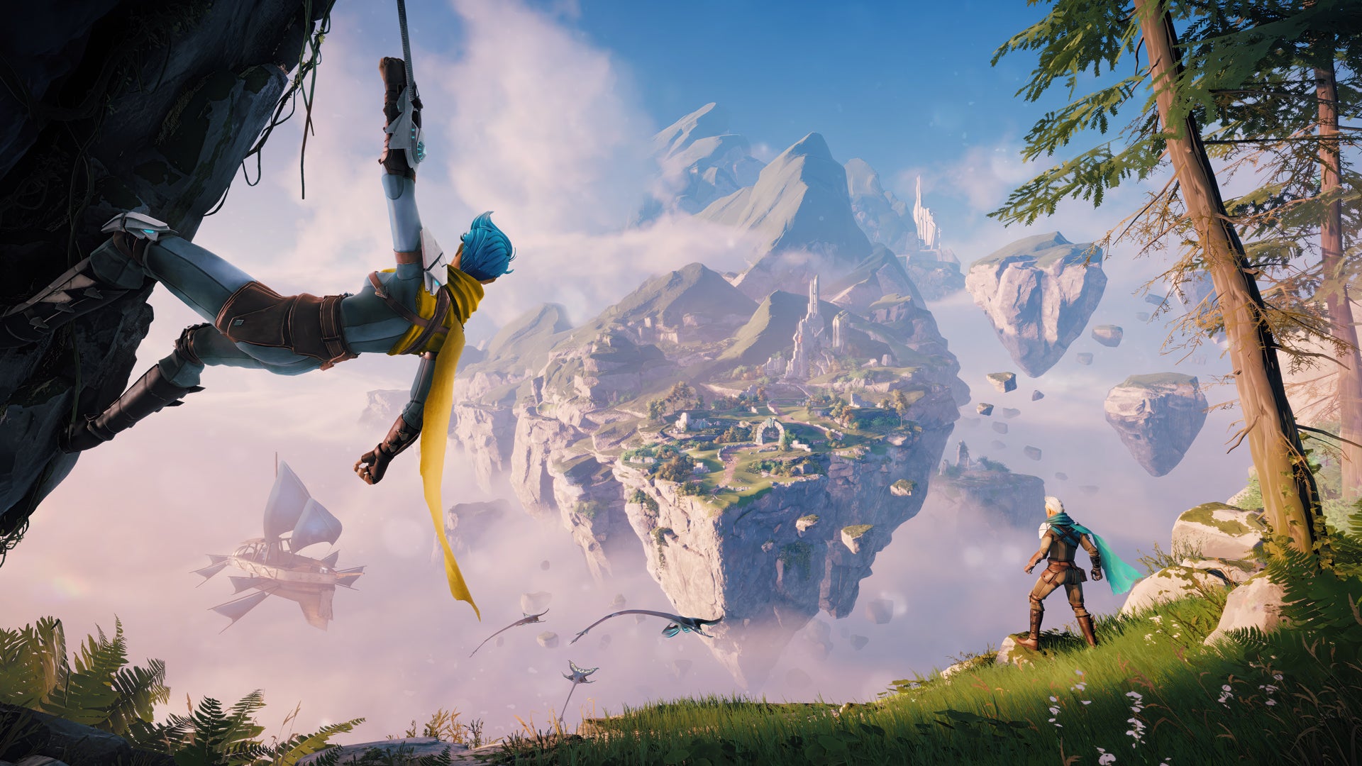 A person is hanging by a grappling hook overlooking a floating sky island in key art for Lost Skies. - 1