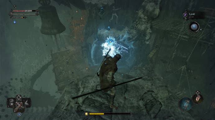 A screenshot from Lords Of The Fallen that shows the player tug a platform towards them using the Umbral lantern.