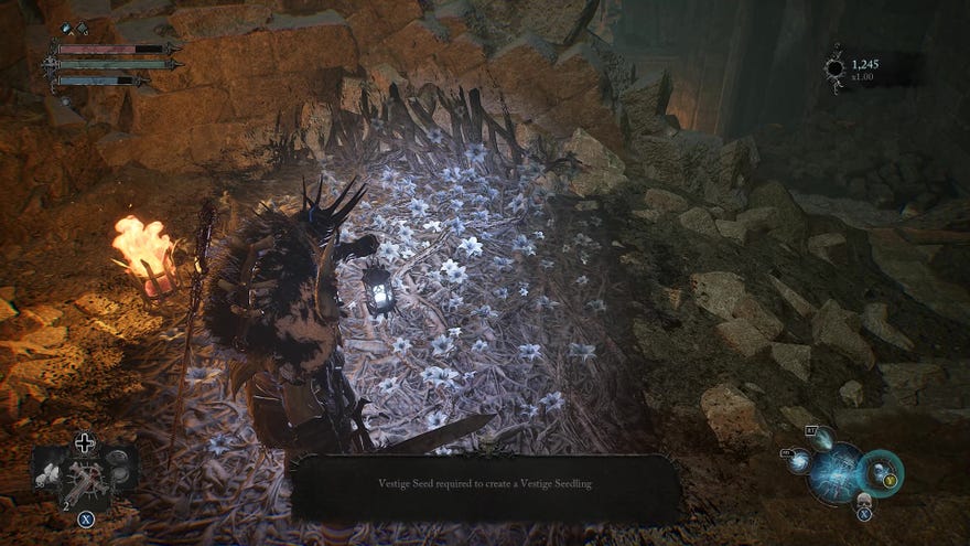 The player shines their lantern on an Umbral Flowerbed, but a message says they don't have enough Vestige Seeds in Lords Of The Fallen.