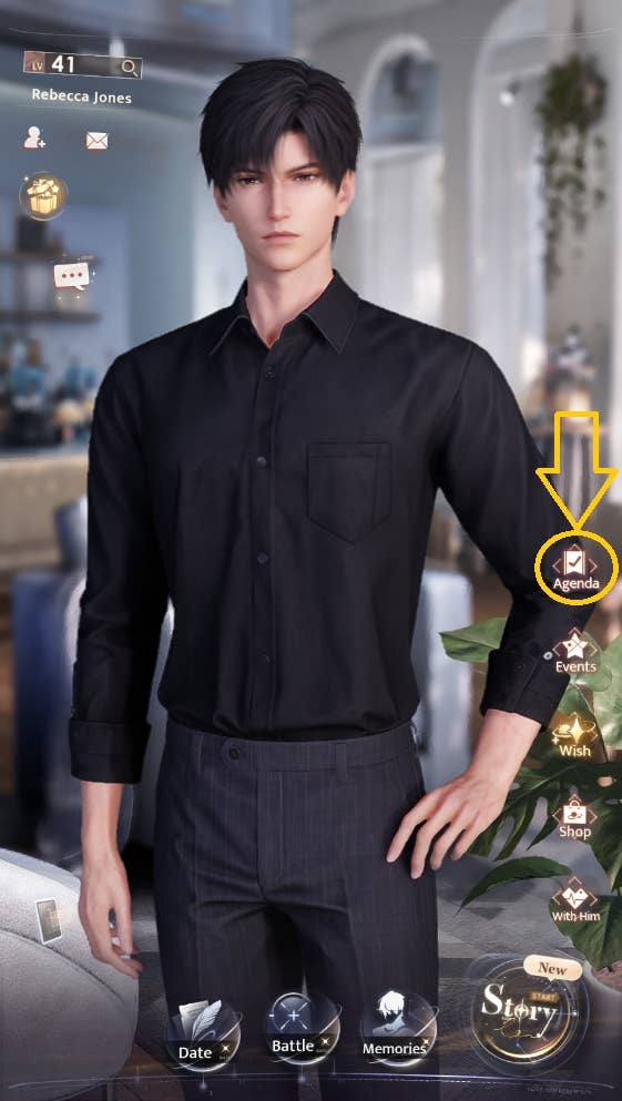 Love and Deepspace's Destiny Café landing page, with Zayne as the active character. On the right-hand side of the screen, the Agenda icon is highlighted with a yellow circle and arrow.