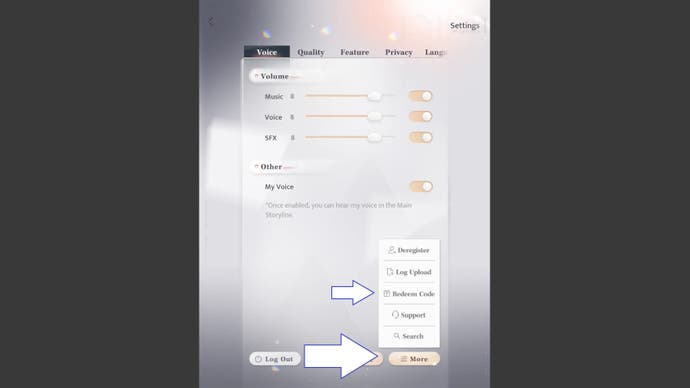 Arrow pointing at the "Redeem Code" button within the settings