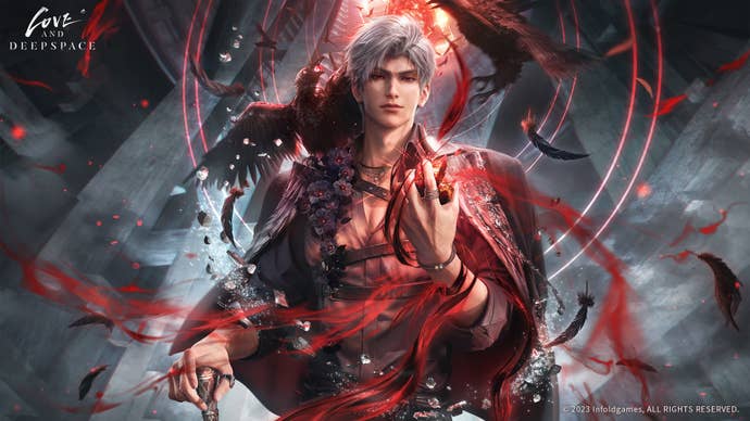 Sylus is surrounded by swirls of sinister red and grey mist and backlit by red light while his pet crow perches on his shoulder in a piece of key art for Love and Deepspace.