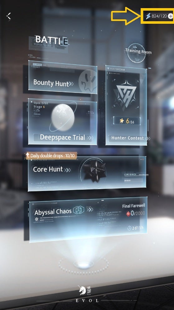 Love and Deepspace's Battle tab, with links to the five main non-story battle types that the player can challenge (Bounty Hunt, Deepspace Trial, Hunter Contest, Core Hunt, and Abyssal Chaos). The stamina bar in the upper right-hand corner is highlighted in yellow. - 3