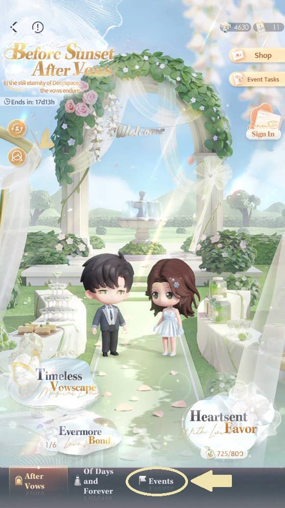 Chibi rendering zayne and a personalized hero stand in the garden with a wedding arch and a fountain in love and Deepspace before sunset after marriage. The bold annotation of the arrow and circle indicates that the player should choose the event card from the bottom of the screen.