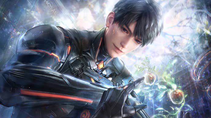 Caleb in full space soldier armour and with cyberpunky implants on his cheekbones holds out hologrammatic apples to the heroine in Love and Deepspace.