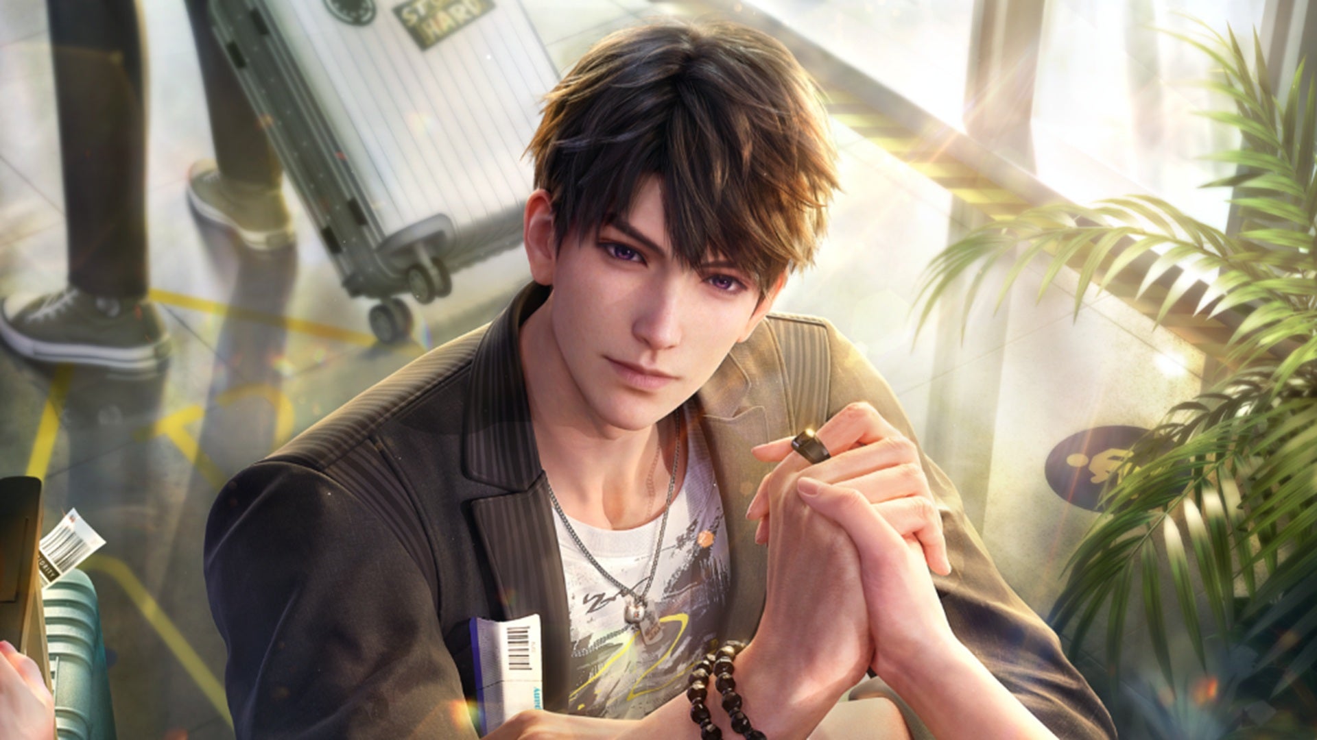 Caleb clasps hands with the first-person-POV heroine while holding a plane ticket in his other fist. (Love and Deepspace)