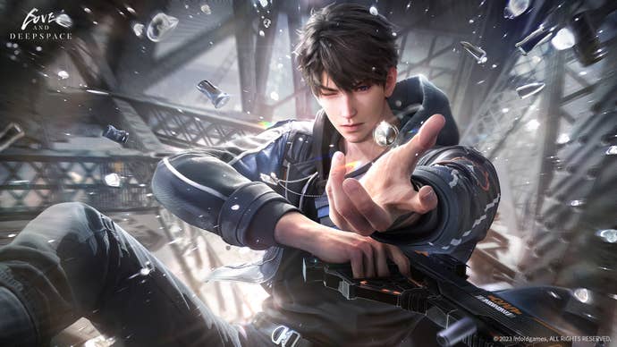 Caleb poses dramatically with his hand extended, apparently falling into a jumbled cityscape, in the Longtime Moments key art from Love and Deepspace.