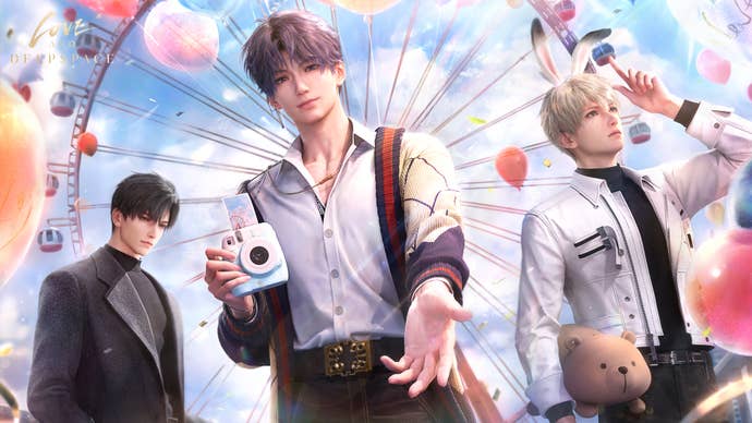 Love and Deepspace’s original three love interests - from left to right, Zayne, Rafayel, and Xavier - pose in front of a bright carnival scene. Rafayel holds a camera in one hand and extends the other towards the viewer. Xavier holds a plushie and wears bunny ears. Zayne is in a dark suit and looks disinterested in the scene.