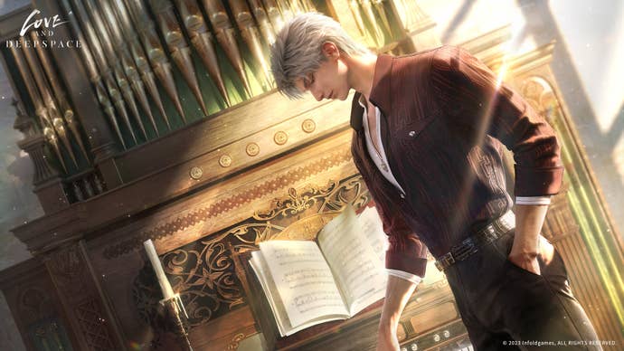 Sylus stands at the keyboard of a pipe organ bathed in sunlight from a high window in a piece of Love and Deepspace key art.
