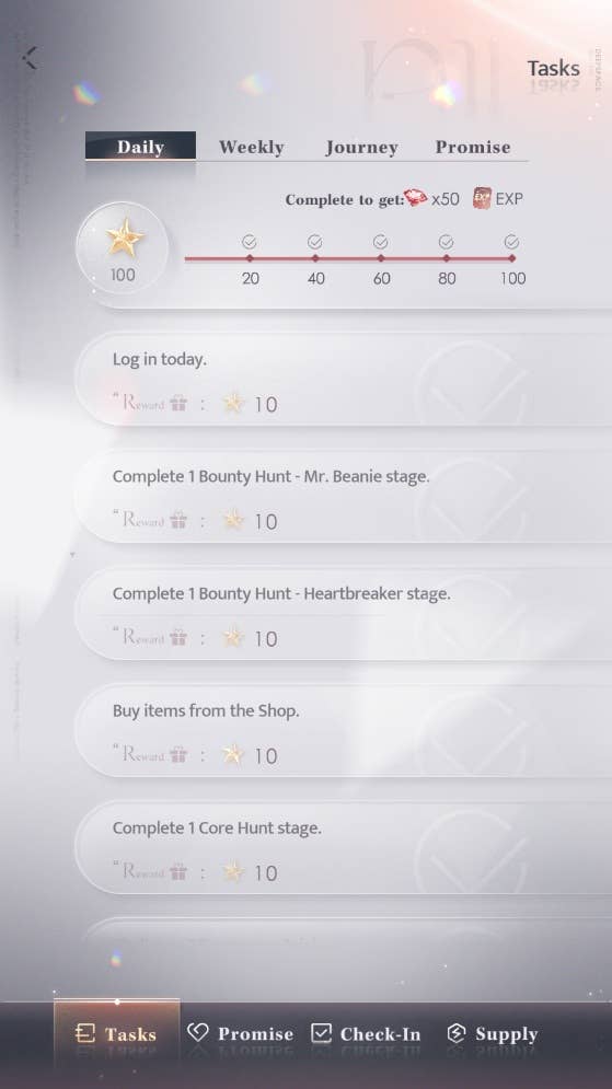 Love and Deepspace’s Daily Tasks tracker, with 100% completion reached. Sample tasks on the list include “Log in today”, “Buy items from the Shop”, and “Complete 1 Core Hunt stage”.