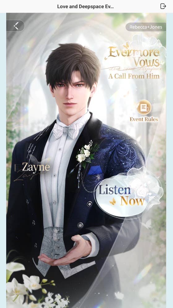 Love and DeepSpace's Zayne, dressed in a formal blue suit and a white shirt, reaches out towards the player on the Evermore Vows page, with a hint to listen to now on the right.