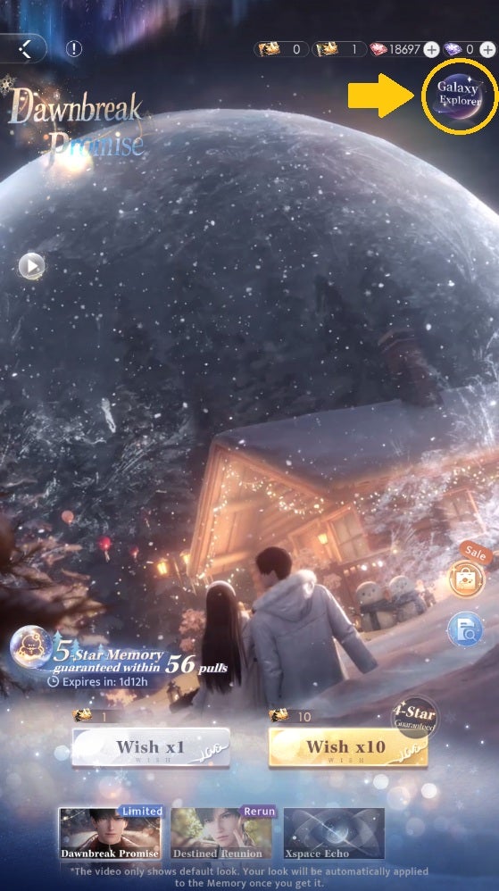Love and Deepspace's gacha landing page, showcasing the current limited-time banner (Zayne's birthday, illustrated in this moment by a still from a looping video showing Zayne and the heroine inside a life-sized snowglobe made of ice in front of a warmly-lit cabin on a snowy winter's night). The Galaxy Explorer button is highlighted. - 4