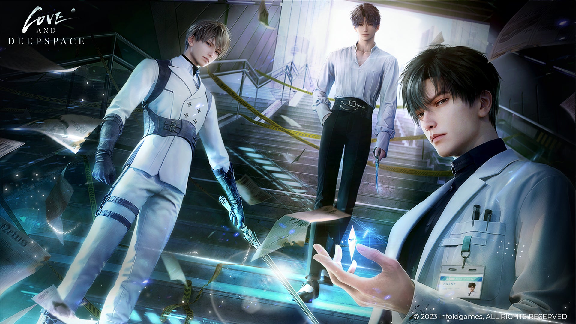 The original Love and Deepspace trio stand in a dark underground stairway with a bright light at the top and police tape across it. Xavier wears his Hunter uniform and wields his blade, Rafayel is dressed casually and stands with a hand on his hip, and Zayne wears his lab coat and hospital ID while wielding his ice power. - 1