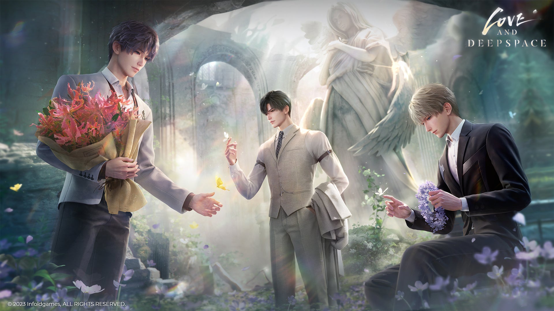 Love and Deepspace's original trio of love interests — from left to right, Rafayel, Zayne, and Xavier — in what appears to be a ruined church with an angel statue behind them. Rafayel holds a bouquet of vivid pink-orange flowers, Zayne gently holds a white butterfly as a yellow one hovers nearby, and Xavier constructs a wreath of bluish-purple flowers. - 5