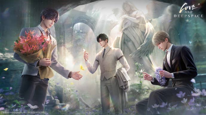 Love and Deepspace’s original trio of love interests — from left to right, Rafayel, Zayne, and Xavier — in what appears to be a ruined church with an angel statue behind them. Rafayel holds a bouquet of vivid pink-orange flowers, Zayne gently holds a white butterfly as a yellow one hovers nearby, and Xavier constructs a wreath of bluish-purple flowers.